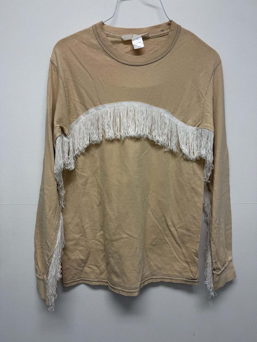 Creatures of Comfort Fringe Long Sleeve T-Shirt XS Tan Cotton Boho